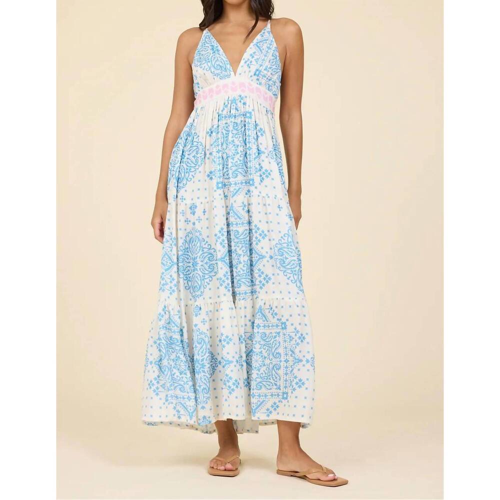 NEW SURF GYPSY printed halter colorblock midi dress in ivory blue pink